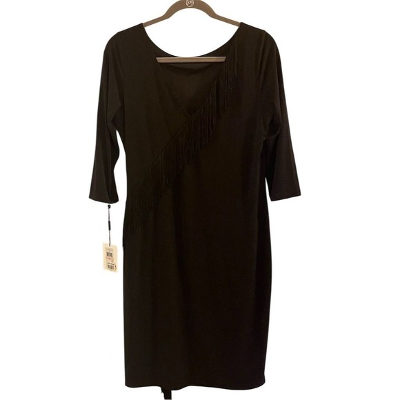 Calvin Klein Dresses & Skirts - NWT Calvin Klein Black Fringed V Neck 3/4 Sleeve Sheath Dress Size 10